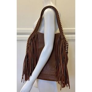 BIG BUDDHA Fringe Boho Shoulder Bag Faux Leather w/Gold Stud Accents Brown